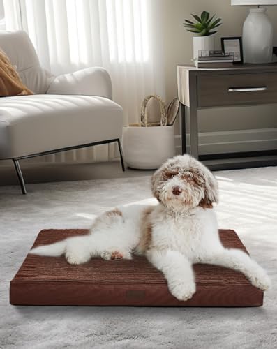 OhGeni 35 Inch Orthopedic Waterproof & Machine Washable Dog Bed for Large Pets, 20D Egg Crate Foam Stable Support, Non-Slip Bottom and Removable Cover, Tear-Resistant Invisible Durable Zipper(Brown)
