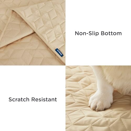 Bedsure 100% Waterproof Bed Cover for Dogs Washable - Non Slip Waterproof Dog Blanket for Bed, Lightweight Furniture Protector Durable for Pet Cat Puppy with Non-Slip Bottom, Beige, 82x102IN