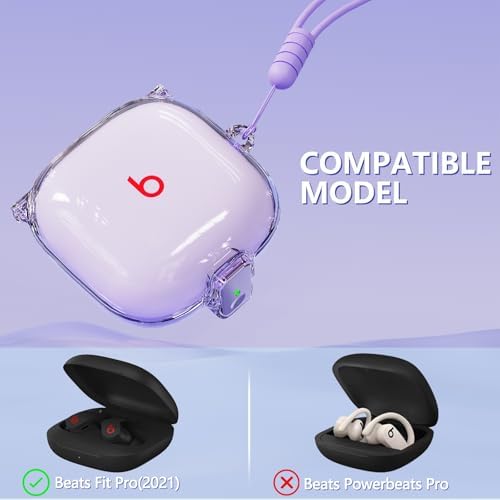 [with Safety Lock] for Beats Fit Pro Case Cover,Clear Case for Apple Beat Fit Pro 2021,Beat Fit Pro Accessories with Anti-Lost Keychain/Silicone Wrist Strap(Clear Purple)