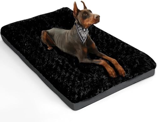 POCBLUE Deluxe Washable Dog Bed for Large Dogs Dog Crate Mat 36 Inch Comfy Fluffy Kennel Pad Anti-Slip for Dogs Up to 70 lbs, 36" x 23", Black
