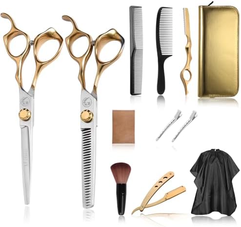 Hair Cutting Scissors Kit, Hair Scissors Professional Stainless Steel Haircut Scissors with Hair Shears, Thinning Shears, Haircut Accessories in Leather Case for Barber/Home 12PCS Gold Silver