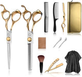 Hair Cutting Scissors Kit, Hair Scissors Professional Stainless Steel Haircut Scissors with Hair Shears, Thinning Shears, Haircut Accessories in Leather Case for Barber/Home 12PCS Gold Silver