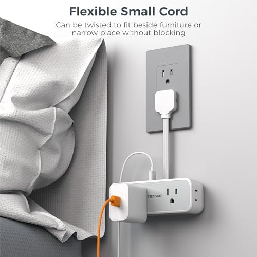 Short Extension Cord 6 inch, TESSAN Thin Flat Plug Power Strip with 4 AC Outlets 3 USB (1 USB C) Ports, Silm Charging Station Desk Organizers for Home Bedroom Hotel Office Desktop Accessories