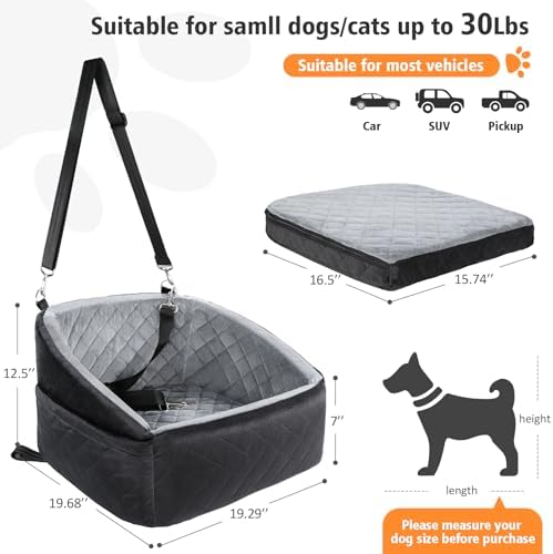 Dog Car Seat for Small Dogs,Detachable Washable Dog Booster Seat Under 30lbs, Pet Car Seat Travel Bed with Storage Pockets and Dog Safety Belt (Black/Grey)