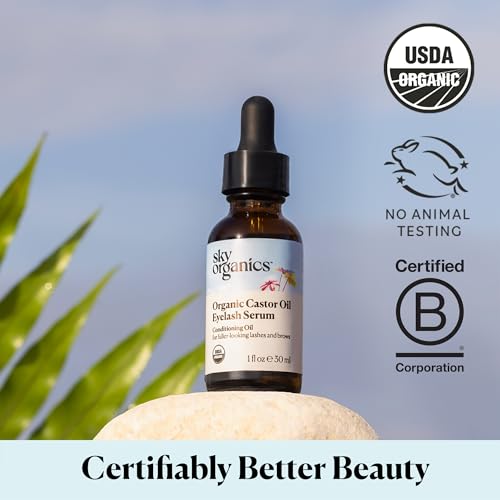 Sky Organics Organic Castor Oil Eyelash & Brow Serum, Hexane-Free Conditioning Oil that Promotes Fuller Looking Lashes & Eye Brows, 100% Pure & Cold-Pressed USDA Certified Organic 1 fl. Oz. / 30 ml