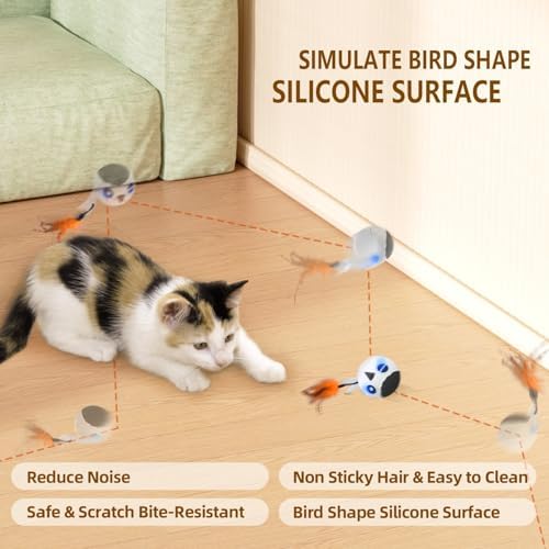 ORSDA Cat Toys, Interactive Cat Toy Ball for Indoor Bored Indoor Cats Kitten Toys, Automatic Electric Bird Moving Ball Toy, 4 Mode Touch & Sound Control Rolling Chirping Stimulating, 2 Feather Tails