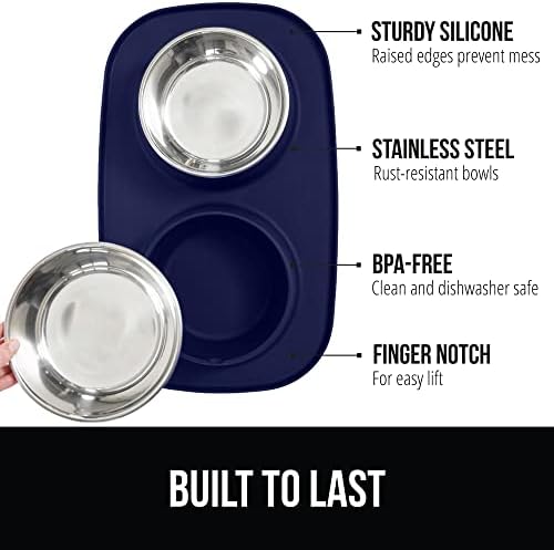 Gorilla Grip 100% Waterproof BPA Free Cat and Dog Bowls Silicone Feeding Mat Set, Stainless Steel Bowl Slip Resistant Raised Edges, Catch Water, Food Mess, No Spills, Pet Accessories, 4 Cup, Navy
