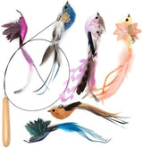 Interactive Cat Toys for Indoor Cats - 35'' Steel Wire and 6PCS Feather Bird Refills,Teaser Toy,Cat Wand Toy,Feathers & Bells, Realistic Bird Impression (7 PCS)