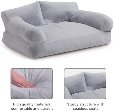 Hollypet Fluffy Plush Dog Cat Pet Couch Soft Calming Sofa Beds for Medium Small Cats and Dogs, Light Gray