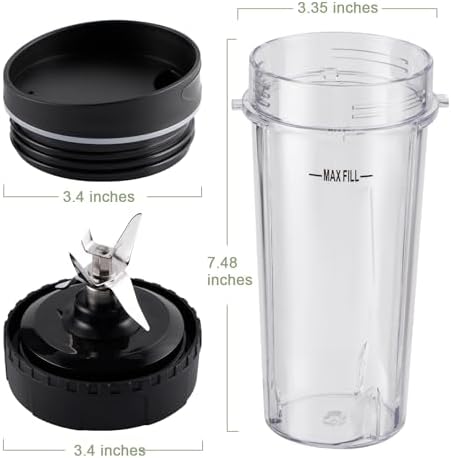 5-piece Ninja Blender Cups Replacement Single Serve 16oz Cups with Sip & Seal Lids, 6 Fins Extractor Blade Compatible with Nurti Ninja Blenders Pro BL660 BL663 BL663CO BL665Q BL740 BL770