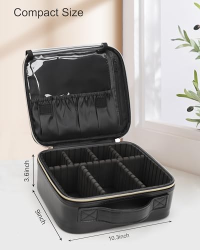 Relavel Makeup Bag, Travel Cosmetic Train Case Organizer Portable Artist Storage Bag with Adjustable Dividers for Cosmetics Makeup Brushes Toiletry Jewelry Digital Accessories Quilted Leather Black