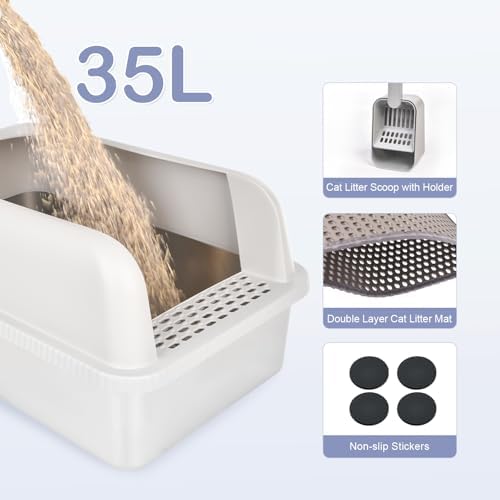 2 Pack Stainless Steel Cat Litter Box with Lid, 24" L x 16" W x 11.8" H, Extra Large Litter Box for Big Cats with High Sided, Anti-Urine Leakage, Easy Cleaning, Include Cat Mat and Scoop