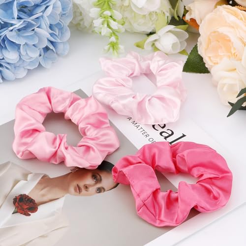 Satin Scrunchies Set of 12 - Elastic Silk Bubble for Girls, Pink Hair Accessories and Valentine's Day Gifts