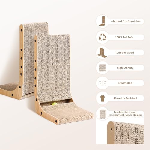 EHEYCIGA Cardboard Cat Scratcher for Indoor Cats, 32 Inch L Shaped Vertical Cat Scratching Board with Ball Cat Toy, Extra Large Cat Scratcher Pad, Brown