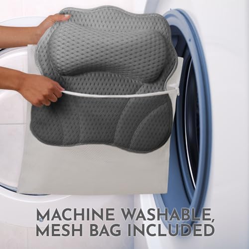 WONDERfoam Thick Padded Ergonomic Bath Pillow for Tub, Bathtub Headrest Neck and Back Support, Strong Suction, Machine Wash, Breathable Mesh Quick Dry Pillows, Luxury Bathtub and Spa Accessories, Gray