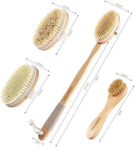 Dry Brushing Body Brush - Natural Boar Bristle Body Brush Set with Face Brush, Wooden Long Handle Scrub Body Brush for Cellulite Treatment, Lymphatic Drainage, Detachable, 3 Brush Heads