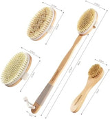 Dry Brushing Body Brush - Natural Boar Bristle Body Brush Set with Face Brush, Wooden Long Handle Scrub Body Brush for Cellulite Treatment, Lymphatic Drainage, Detachable, 3 Brush Heads