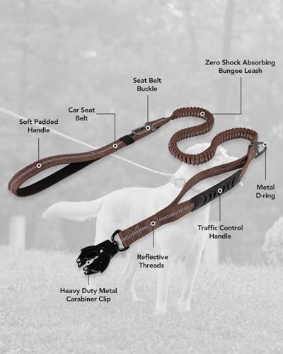 Joytale Tactical Dog Leash Heavy Duty, 4-6FT Shock Absorbing Bungee Lead with 2 Padded Handle, Metal Carabiner Clip, Car Seatbelt, Strong No Pull Leash for Medium Large X-Large Dogs, Brown