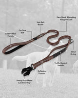 Joytale Tactical Dog Leash Heavy Duty, 4-6FT Shock Absorbing Bungee Lead with 2 Padded Handle, Metal Carabiner Clip, Car Seatbelt, Strong No Pull Leash for Medium Large X-Large Dogs, Brown