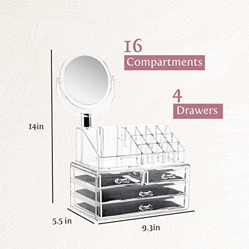 Masirs Clear Makeup Organizer with Mirror – 16-Compartment Cosmetic and Jewelry Holder, 4-Drawer Vanity Storage, Elegant Clear Design for Makeup and Accessories