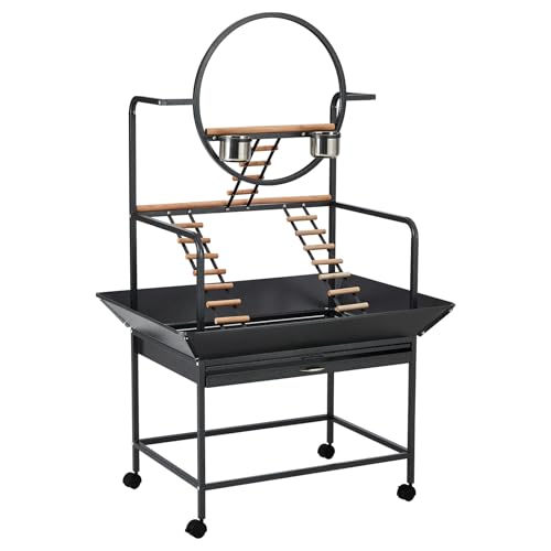 Bird Playstand, 66 in H Inch Birdcage Stand Activity Play Center with Perches and Ladders, Removable Tray, Indoor Outdoor Playground for Parakeet, Cockatiels Conures Parrots, Lockable Caster, Black