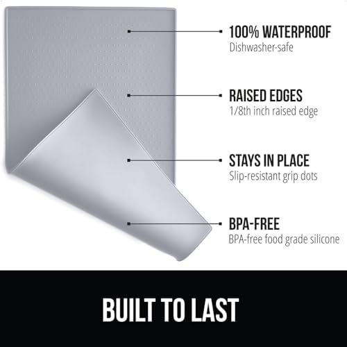 GORILLA GRIP 100% Waterproof Raised Edge BPA Free Silicone Pet Feeding Mat, Dog Cat Food Mats Contain Spills Protects Floors, Placemats for Cats, Dogs Water Bowl, Pets Accessories 18.5x11.5 Light Gray
