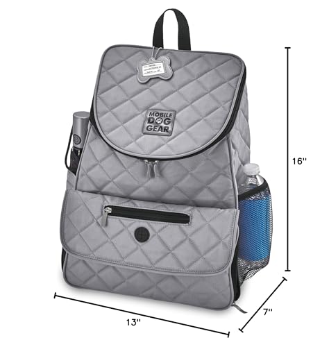 Mobile Dog Gear, Dog Travel Bag, Deluxe Quilted Weekender Backpack, Includes Lined Food Carriers and 2 Collapsible Dog Bowl, Gray