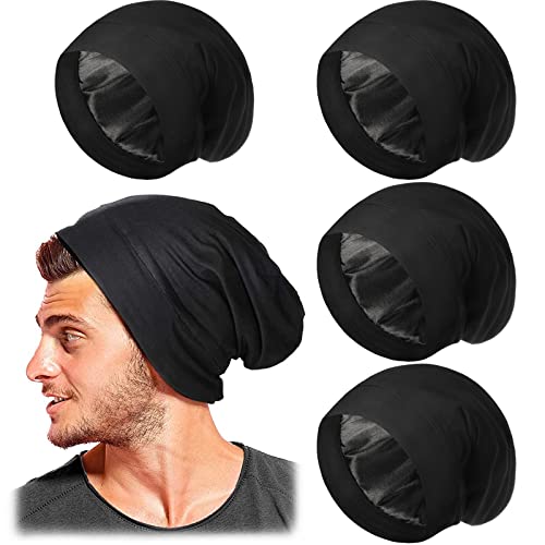 4 Pcs Satin Lined Sleep Bonnet Silk Sleep Cap Slouchy Beanie Hat Night Sleeping Head Wrap for Women Men Curly Hair(Black)