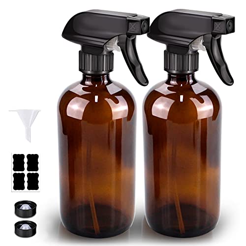 Glass Spray Bottle, Amber Glass Spray Bottle Set & Accessories for Non-toxic Window Cleaners Aromatherapy Facial Hydration Watering Flowers Hair Care (2 Pack/16 oz) (Amber)