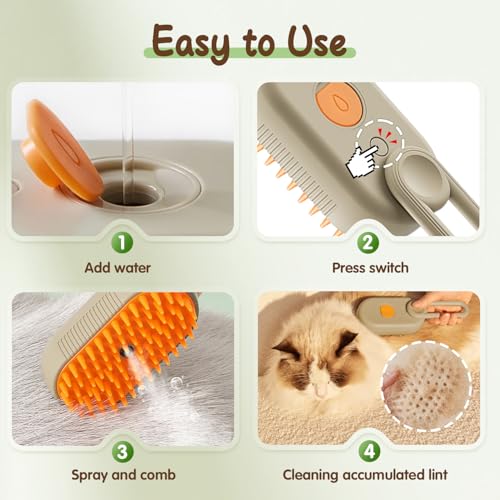 2025 New Comb for Cats Dogs, 3 in 1 Steam Cat Brush Cat Steam Brush for Shedding & Grooming, Self Cleaning 3 in 1 Pet Brush Pet Grooming Brush with Spray (Khaki+White)