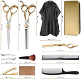 Hair Cutting Scissors Kit, Hair Scissors Professional Stainless Steel Haircut Scissors with Hair Shears, Thinning Shears, Haircut Accessories in Leather Case for Barber/Home 12PCS Gold Silver