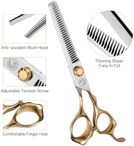 Hair Cutting Scissors Kit, Hair Scissors Professional Stainless Steel Haircut Scissors with Hair Shears, Thinning Shears, Haircut Accessories in Leather Case for Barber/Home 12PCS Gold Silver