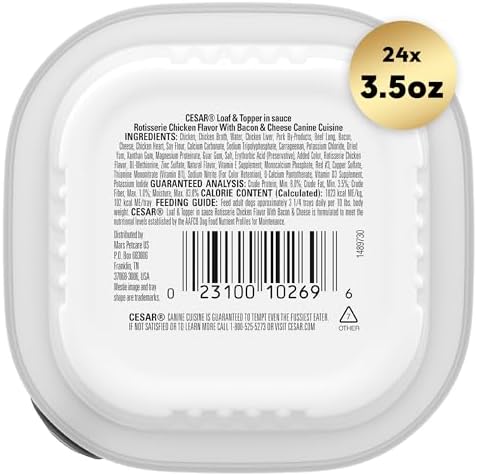 CESAR Adult Wet Dog Food Loaf & Topper in Sauce Rotisserie Chicken Flavor with Bacon & Cheese, 3.5 oz. Easy Peel Trays, Pack of 24