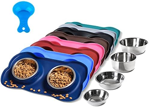 Hubulk Pet Dog Bowls 2 Stainless Steel Dog Bowl with No Spill Non-Skid Silicone Mat + Pet Food Scoop Water and Food Feeder Bowls for Feeding Small Medium Large Dogs Cats Puppies (Small, Navy Blue)