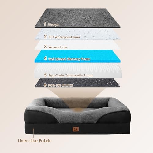 EHEYCIGA Memory Foam XL Dog Bed for XLarge Sized Dog, Extra Large Orthopedic Dog Sofa with Sides and Waterproof Liner, Washable Bolster Pet Bed Couch with Removable Cover, 42x30x7.5 Inch, Grey/Black