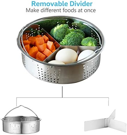 Steamer Basket for instant Pot Pressure Cooker, Accessories Set Compatible with 5/6/8 Qt InstaPot -18/8 Stainless Steel Strainer Insert with Silicone Handle,Divider,Egg Steamer Rack, 6 Quart