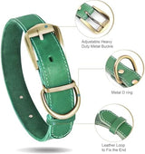 Didog Genuine Leather Dog Collars with Engraved Nameplate, Personalized Soft Leather Collar with Custom ID Tag, Brown/Green/Red for Medium Large Dogs (M,Green)