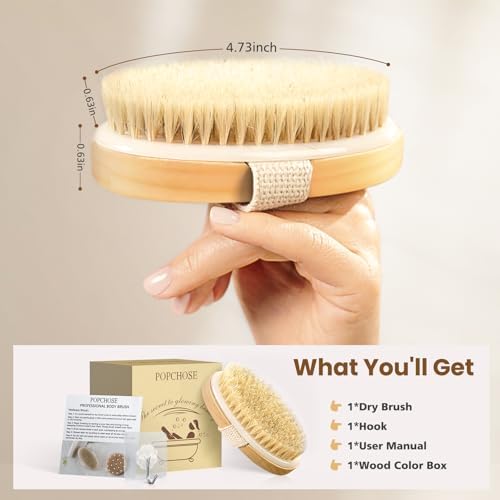 POPCHOSE Dry Brushing Body Brush, Dry Brush for Body, Natural Bristle Dry Skin Exfoliating Brush Body Scrub for Flawless Skin, Cellulite Reduction, Lymphatic Drainage and Blood Circulation Improvement