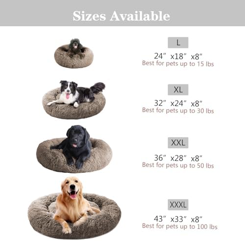 MFOX Calming Dog Bed (L/XL/XXL/XXXL) for Medium and Large Dogs Comfortable Pet Bed Faux Fur Donut Cuddler Up to 25/35/55/100lbs