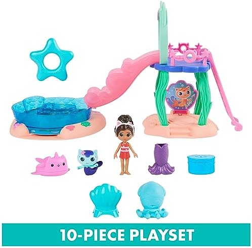 Gabby’s Dollhouse, Purr-ific Pool Playset with Gabby and MerCat Figures, Color-Changing Mermaid Tails and Pool Accessories Kids Toys for Ages 3 and Up