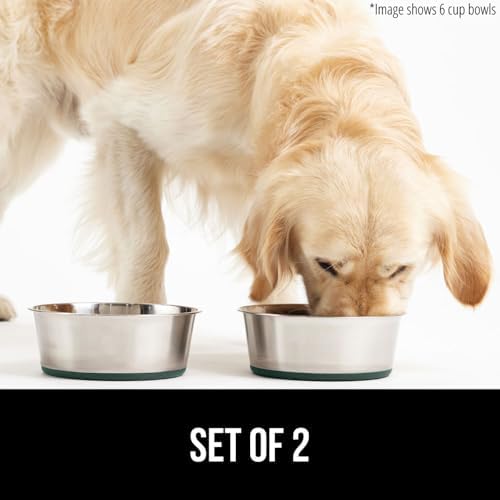 GORILLA GRIP Set of 2 Dog Bowls, Holds 4 Cups (32 fl oz), Heavy Duty Metal Food and Water Bowl for Feeding Dogs and Cats, Dishwasher Safe, Rust Resistant Stainless Steel, BPA Free Rubber Base, Green