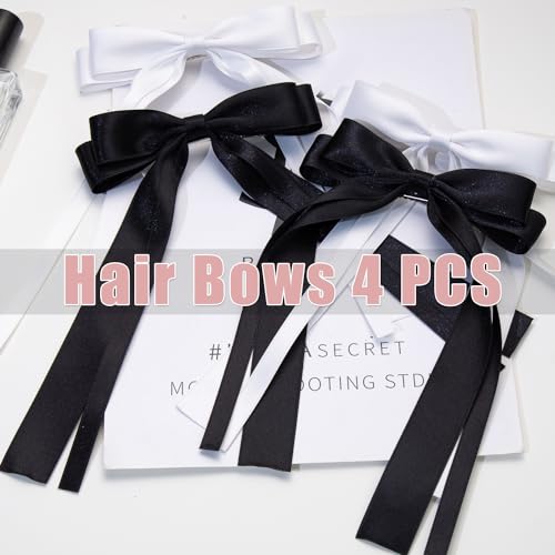 Oversized Long-Tail Hair Bows Set - 4 PCS Ribbons and Large Barrettes for Cute Aesthetic Hair Accessories for Girls (Black White)