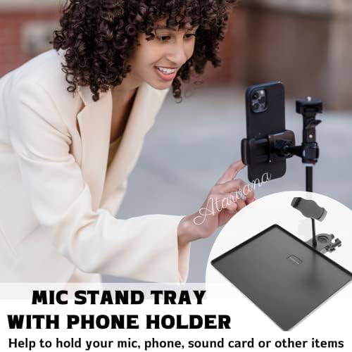 Universal Microphone Stand Tray with Phone Holder, Mic Stand Clamp-On Utility Shelf Rack Tray Holder for Music Sheet, Live Streaming, Live Broadcast, Karaoke, Recording, Music Stand Accessories