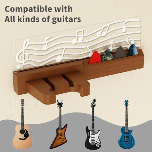 Light Up Guitar Stand Wall Mount, Solid Wood Guitar Hanger Shelf Accessories with Pick Holder, for Acoustic Electric Bass Ukulele Violin, Gift for Men Boyfriend Music Lovers Guitar Players Guitarist