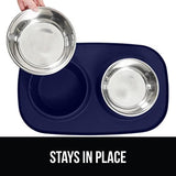 Gorilla Grip 100% Waterproof BPA Free Cat and Dog Bowls Silicone Feeding Mat Set, Stainless Steel Bowl Slip Resistant Raised Edges, Catch Water, Food Mess, No Spills, Pet Accessories, 4 Cup, Navy
