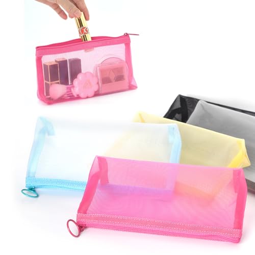 Patu Zipper Mesh Bags, Widened Pencil Case, 5 Pieces, Beauty Makeup Cosmetic Accessories Organizer, Travel Toiletry Kit Set Storage Pouch, Assorted Colors