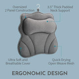WONDERfoam Thick Padded Ergonomic Bath Pillow for Tub, Bathtub Headrest Neck and Back Support, Strong Suction, Machine Wash, Breathable Mesh Quick Dry Pillows, Luxury Bathtub and Spa Accessories, Gray
