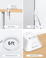 Desk Clamp Power Strip, Surge Protector with 5 AC Outlets and 3 USB Ports, Desk Mount Charging Station, Fit 1.97in Tabletop Edge Thick, 6FT Extension Cord, for Home Office Gaming Accessories