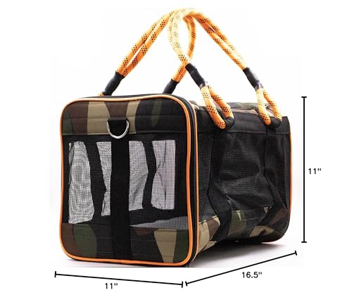 Buddy's Best Airline Approved Pet Carrier – Army Camo & Orange for Dog or Cat, Fits Under Seat, TSA Compliant, Ventilated Mesh Design w/Waterproof Base & Reflective Strips