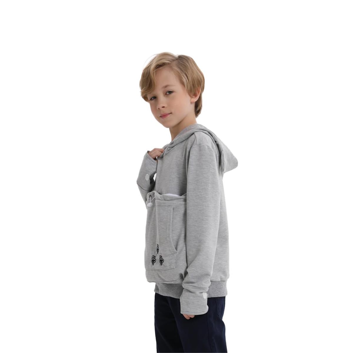 Boys Girls Cat Pouch Hoodie - Kitten Puppy Carrier Holder Sweatshirt Long Sleeve Cat Ear Pullover Tops Grey